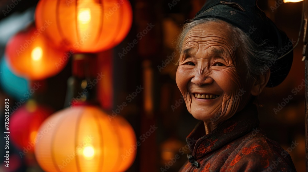 Portrait of a senior in lantern festival in street to celebrate Chinese lunar new year. Portrait of a senior in lantern festival in street to celebrate Chinese lunar new year.