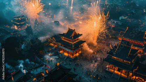 Beautiful fireworks show in city over traditional building to celebrate Chinese lunar new year. photo