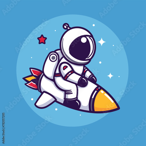 Astronaut on rocket flying in space cartoon illustration