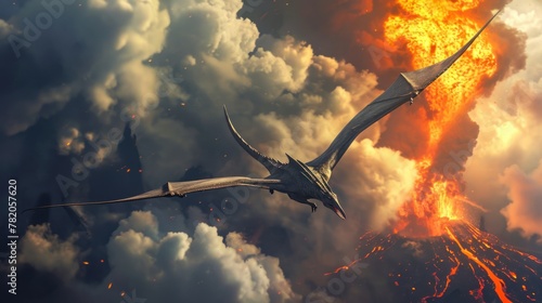 Flying dinosaur, Pterodactyl, flying over an erupting volcano with fire flame smoke in prehistoric environment. Photorealistic. photo