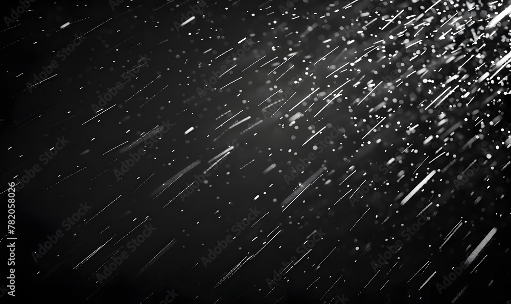 Rain, wind and snow fall with meteors on isolated black backdrop, Generative AI
