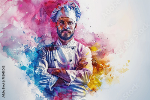 A colorful watercolor painting of a male chef, kitchen and culinary concept
