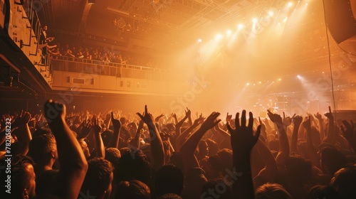 Enthusiastic crowd at a concert venue raising their hands in excitement and enjoyment of live music performance