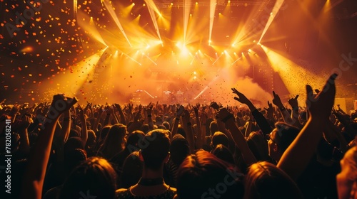 A vibrant scene at a concert venue as a large crowd of people enthusiastically raise their hands in the air, fully engaged in the live music performance