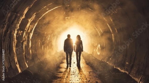 A couple of individuals walking deeper into a tunnel, partially illuminated, captured from behind photo
