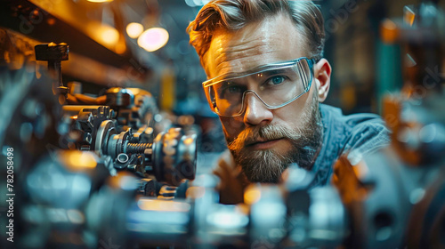 Portrait of a male worker turner at a factory working in safety glasses at an industrial machine in a factory in the workshop