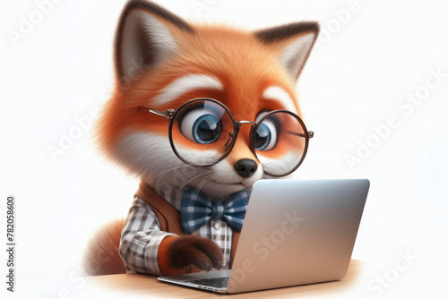 fox with glasses and a surprised look on her face is looking at a laptop on white background