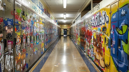 A high-angle view of a school hallway lined with lockers, each covered in colorful graffiti tags and designs © Ilia Nesolenyi