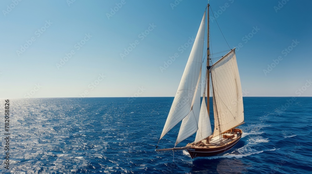 A sailboat cruises through the ocean under a clear blue sky on a sunny day