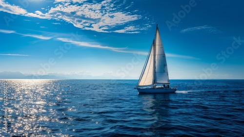 A sailboat gracefully navigates the ocean waters on a sunny day, under clear blue skies