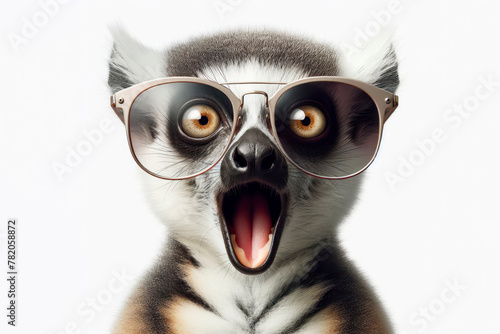 surprised portrait lemur wear sunglasses on a white background