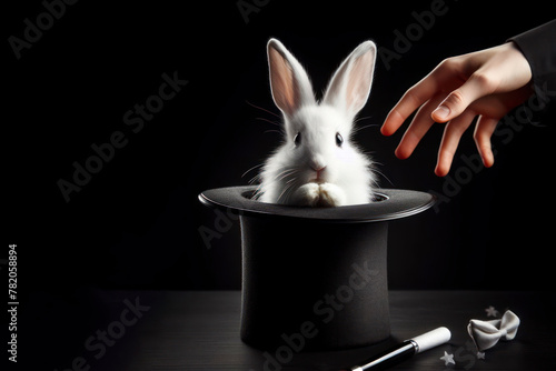 A magician takes out a white surprised rabbit from a black hat on a black background