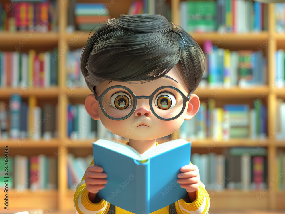 3D cartoon reader in library 3D cartoon reader in library