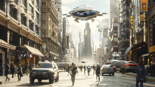 A bustling futuristic city street with pedestrians and vehicles, featuring a flying object hovering in the middle of the road