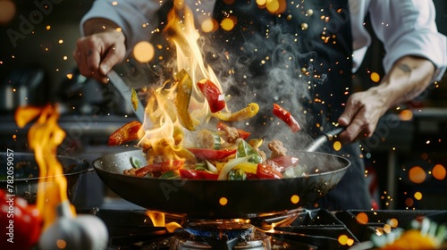 A person is cooking food on top of a grill with intense concentration, stir-frying vegetables in a UDFAN