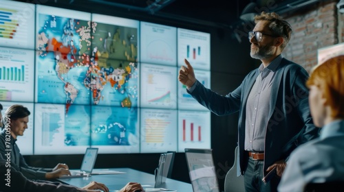 A man stands in front of a large display screen presenting geographic data and analysis to a group of people