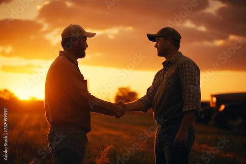 Two Farmers Shake Hands on Field at Sunset