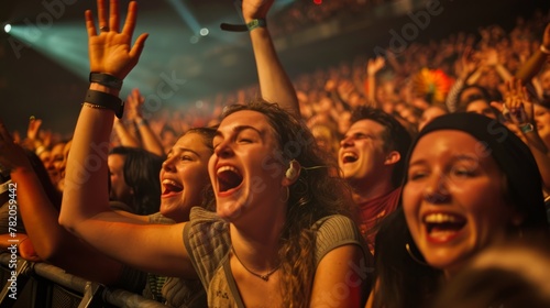 A lively crowd of people with their hands raised cheering at a concert