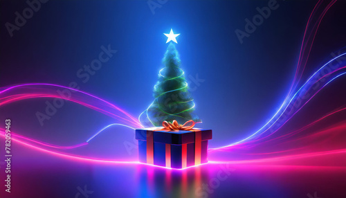 illustration d'un sapin de noel moderne vert avec son étoile et sa guirlande lumineuse un cadeau au pied sur un fond bleu en dégradé avec des effets de néon rose et bleu	