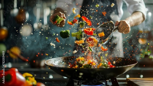 A chef skillfully tosses colorful vegetables in a wok over a high flame, creating a vibrant stir-fry dish photo