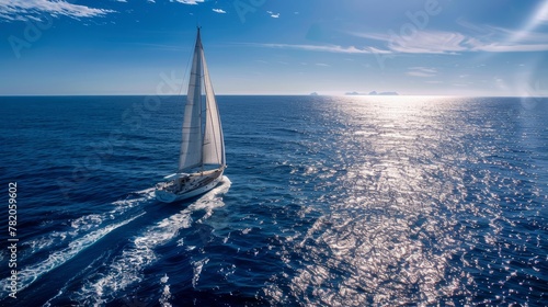 A sleek sailboat sailing gracefully across the sparkling ocean on a bright and sunny day