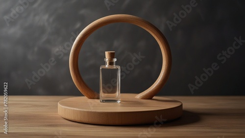 Product podium in a minimalist style on a dark background. Wooden product pedestal on black background. 3d render background 