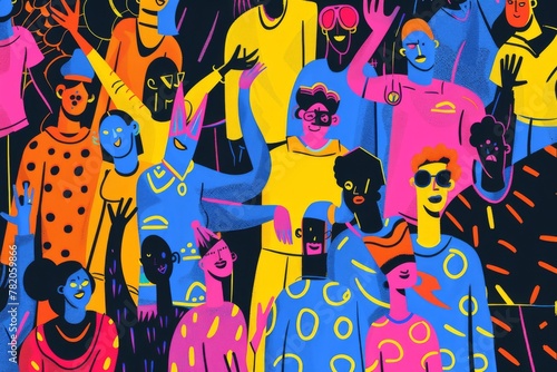 Silhouettes of people dancing at a party in bright costumes. Rave festival illustration in hand drawn style