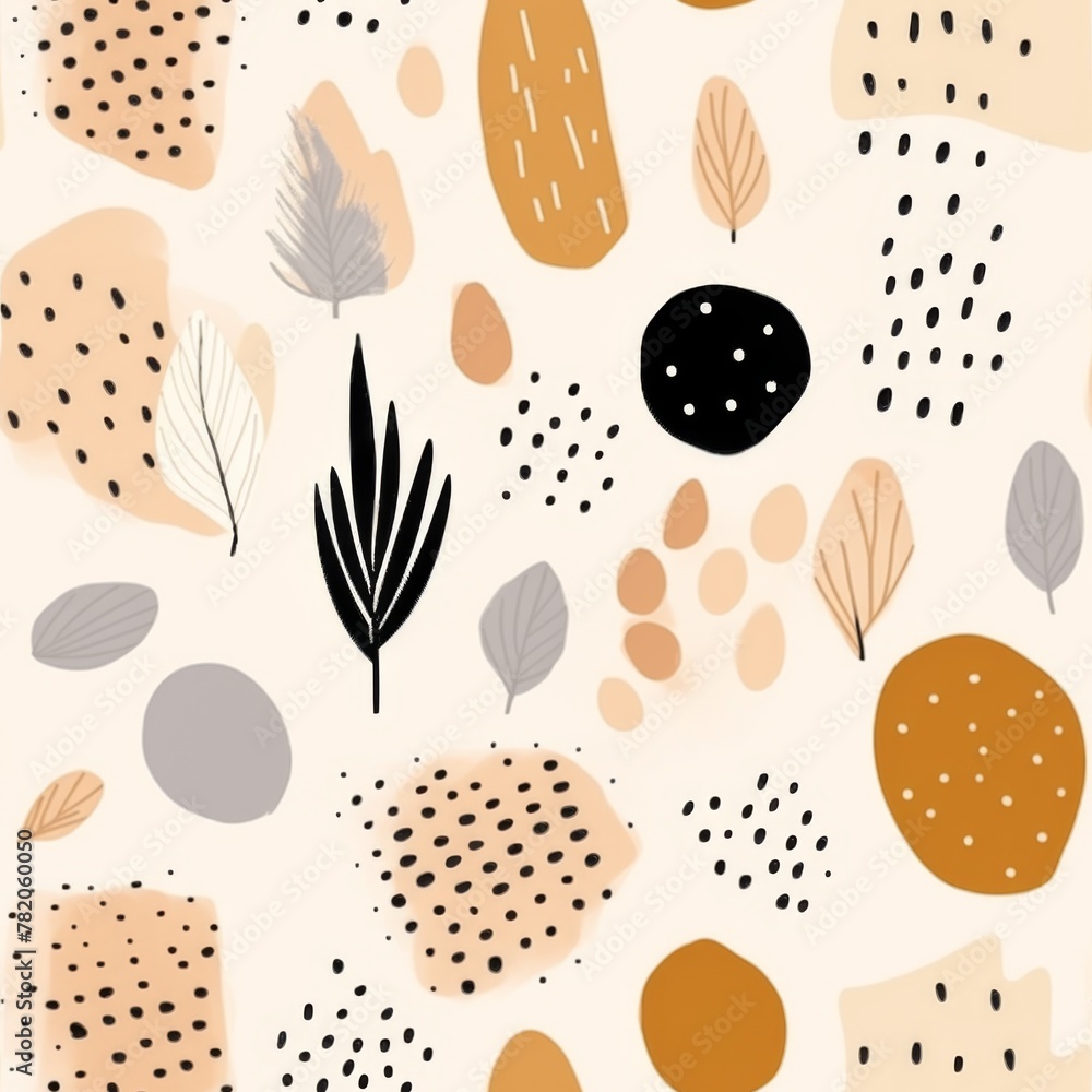 Seamless pattern of various shapes on a pale beige background. Minimalist and abstract shapes, light pink and dark bronze. Paint strokes Seamless pattern of various shapes on a pale beige background. Minimalist and abstract shapes, light pink and dark bronze. Paint strokes