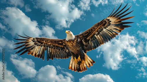 Wildlife Photography of a Bald Eagle in Flight  Majestic Bird Soaring Against a Blue Sky with Clouds