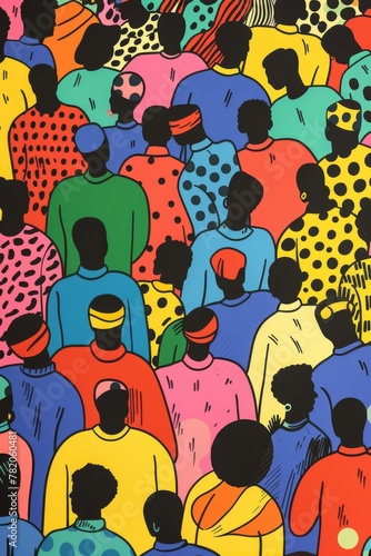 Silhouettes of people dancing at a party in bright costumes. Rave festival illustration in hand drawn style