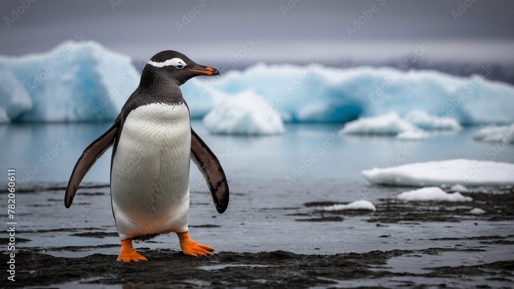 Fototapeta premium Penguin, with black back, white belly, stands prominently in foreground, wings slightly spread, showcasing mix of confidence, curiosity. Orange feet, firmly planted on rocky, wet ground.