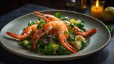 Gourmet dish takes center stage, with succulent prawns laid atop vibrant, fresh salad. These prawns, radiating enticing orange hue, exhibiting perfectly cooked texture.
