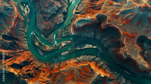 Majestic landscape of rugged lands with valleys and river. Aerial view with abstract patterns.