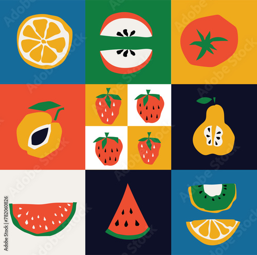 Organic food banner in flat style. Fruits and cereals geometry minimalistic with simple shape and figure. Great for flyer, web poster, natural products presentation templates, cover design.