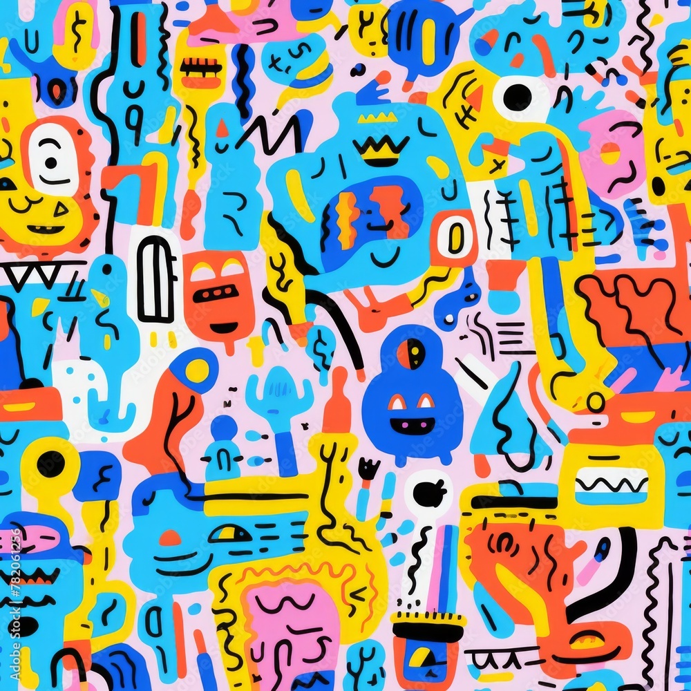 Fototapeta premium illustration of many drawings of faces and characters in different colors, vibrant seamless patterns