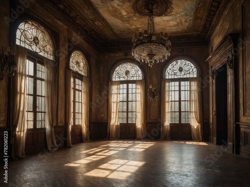 Sunlight streams through ornate windows of opulent  yet seemingly abandoned room  casting intricate shadows that dance across wooden floor. Room adorned with rich  dark wood paneling.
