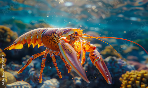 Ultra realistic cinematic beautiful photo of a lobster, swimming in the open ocean.