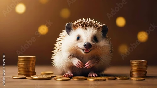Happy hedgehog moves near stacks of gold coins on golden background with blurred lights. Economy and reasonable use of budget. photo