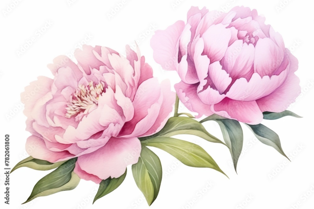 Watercolor peony flowers on white background, light pink