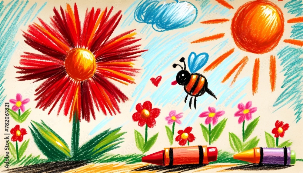 Fototapeta premium Crayon-Drawn Spring Sun and Busy Bee