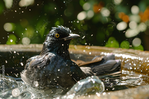 Close up of raven in fountain in the park