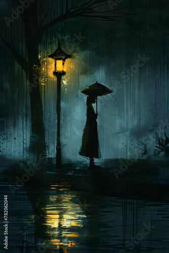 Mystical night scene with silhouette under a street lamp: Anime-inspired vampire character in a rainy twilight setting