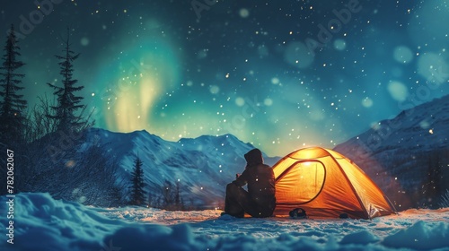 Camping in wild with tent and stunning aurora light at night. © rabbit75_fot