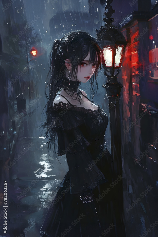 Mysterious anime girl in the rain: Luminous streetlight in a moody nocturnal setting
