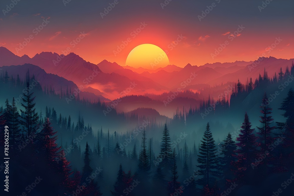Fototapeta premium Tranquil Twilight Harmony: Majestic Mountains and Pines. Concept Mountain Photography, Pine Trees, Twilight, Harmony, Tranquil Settings