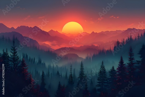 Tranquil Twilight Harmony: Majestic Mountains and Pines. Concept Mountain Photography, Pine Trees, Twilight, Harmony, Tranquil Settings