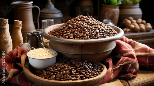 Coffee beans in ceramic bowls: Rustic and charming display. © tynza