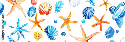 Watercolor colorful aesthetic background with seashells and starfish. Summertime concept. Generative AI