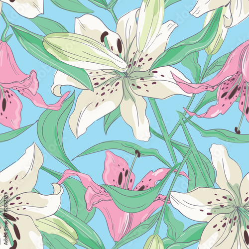 Hand Drawn Lily Flowers print for textile. The drawn flowers beautiful illustration for the fabric. Design ornament pattern seamless. Vector © Alsu Art