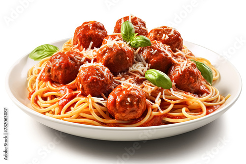 A plate of spaghetti with meatballs and cheese. The dish is colorful and appetizing. The meatballs are small and round, and the cheese is sprinkled on top